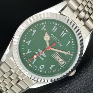 Vintage 1988 Citizen Automatic Mens Silver Watch W/daydate & Green accents